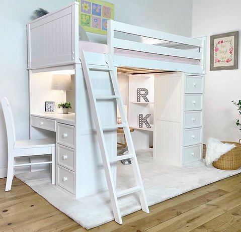 White Loft Bed with Desk, Beadboard, and Five-Drawer Chest