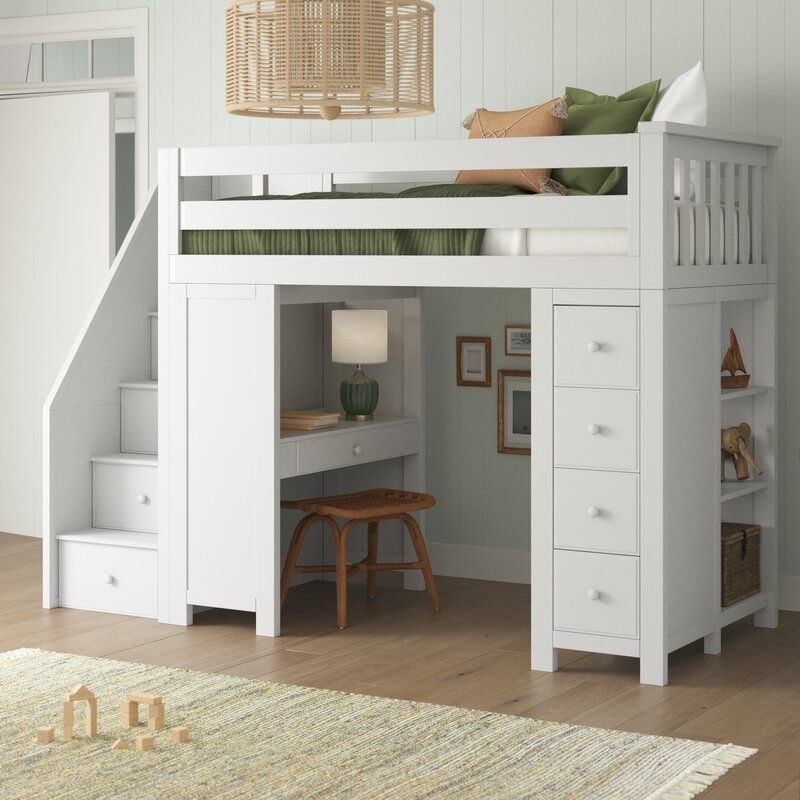 White Loft Bed with Desk, Storage Stairs, and Rattan Cane Details
