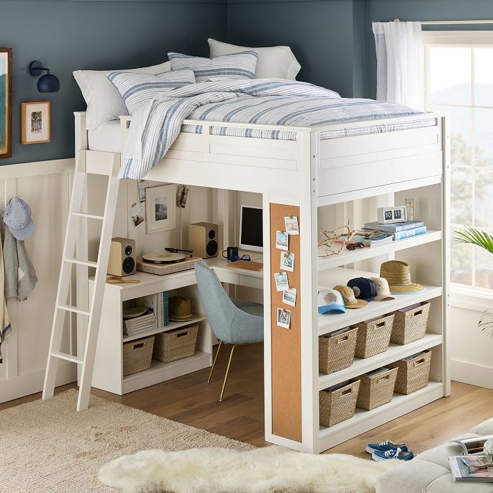White Loft Bed with L-Shaped Workspace and Corkboard Panel