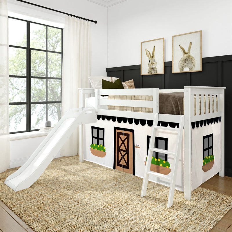 White Low Loft Bed with Slide featuring a Farmhouse Play Curtain