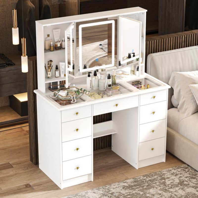 White Makeup Vanity 9 Drawers Glass Top Tri Fold LED Mirror Hidden Shelving