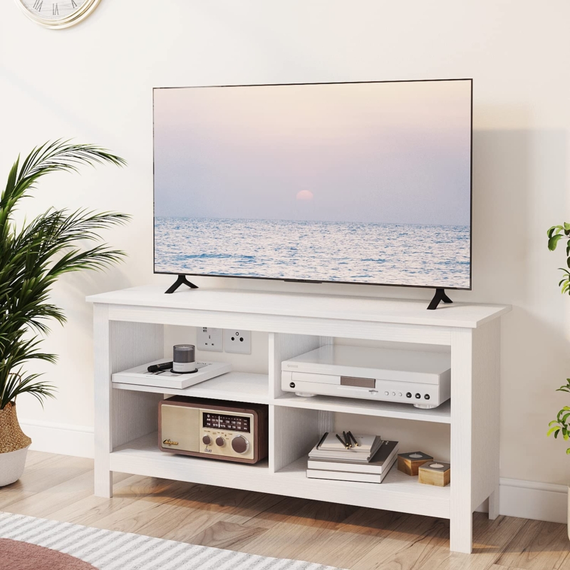 White Media Console, Modern Farmhouse Style, Four Open Shelves.
