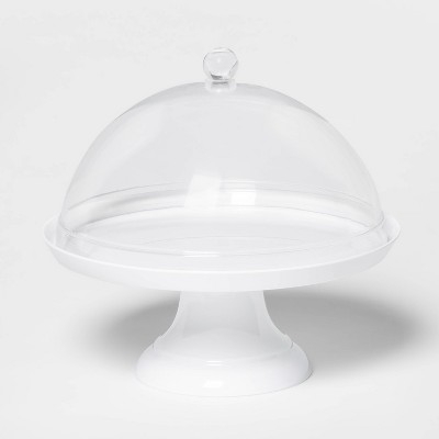 White Melamine Cake Stand with Clear Dome Lid and Flared Pedestal