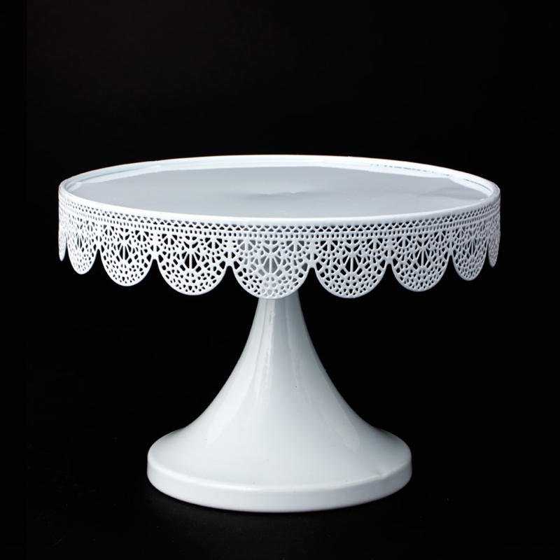 White Metal Cake Stand Eyelet Rim Scalloped Edge Vintage Display