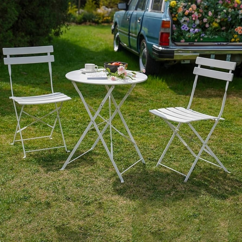 White Metal Folding Bistro Set with Round Table and Chairs