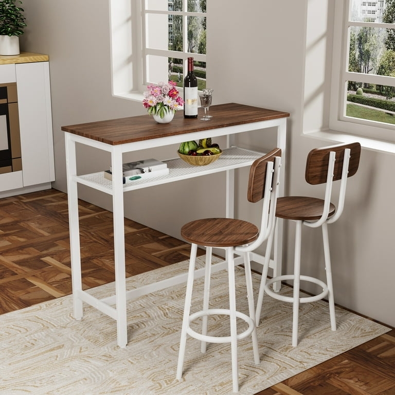 White Metal Pub Set Walnut Top Mesh Storage Shelf Backrest Stools