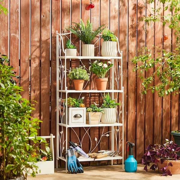 White Metal Tiered Plant Stand with Decorative Vine Sides
