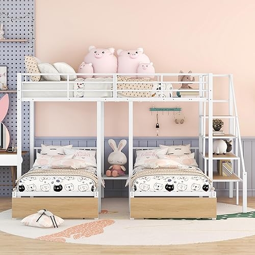 White Metal Triple Bunk Bed Staircase Wood Accents
