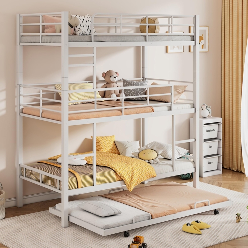 White Metal Triple Bunk Bed Trundle Four Sleeper