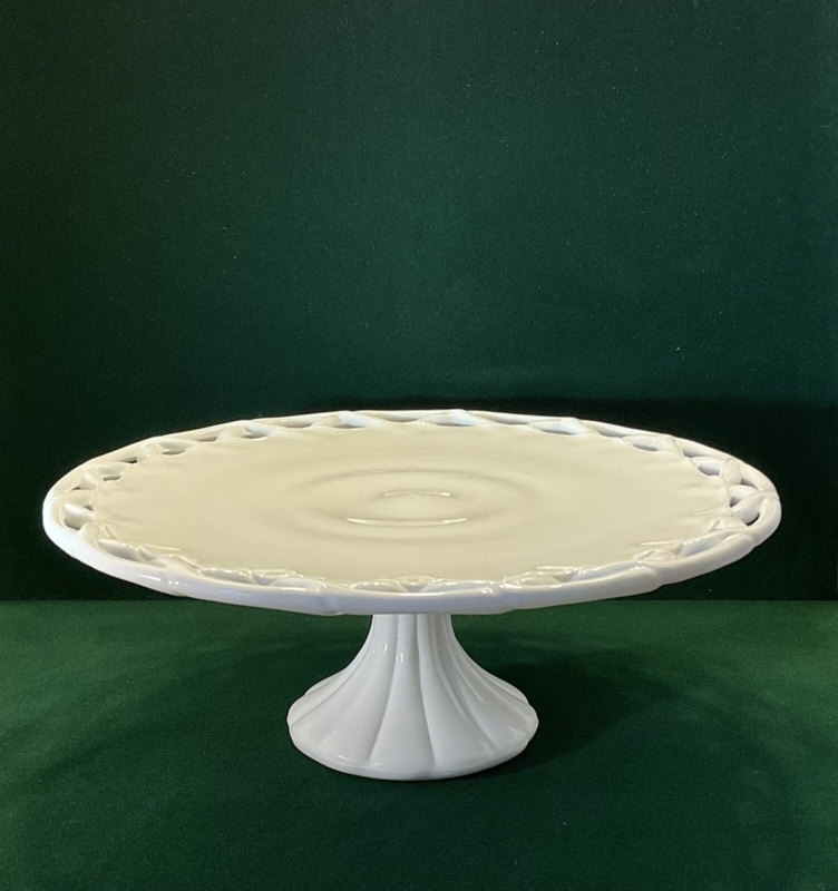 White Milk Glass Cake Stand Openwork Lattice Rim Vintage Serving Dish