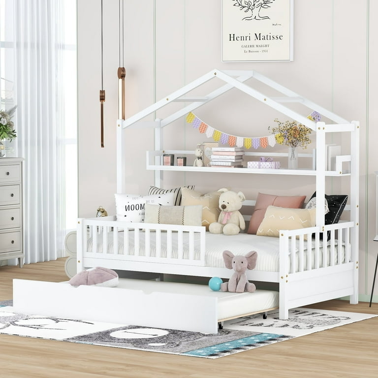 White Montessori House Bed featuring a Gabled Roof and Built In Shelf.
