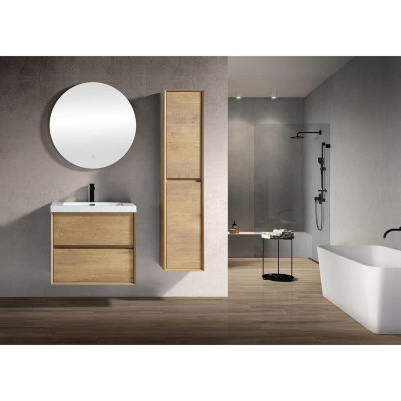 White Oak Linen Cabinet with Handleless Storage for Minimalist Bathrooms.