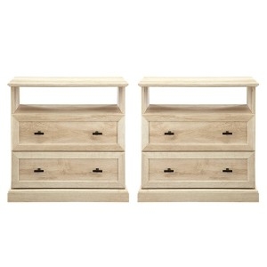 White Oak Nightstand Set Plinth Base Open Cubby Two Drawers