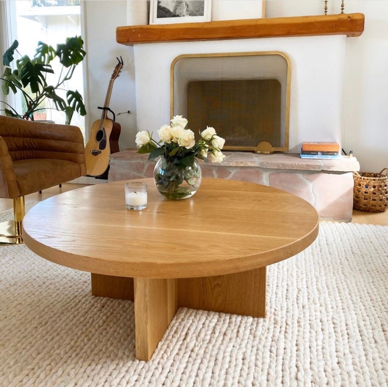 White Oak Round Coffee Table with Minimalist Cross Slab Legs