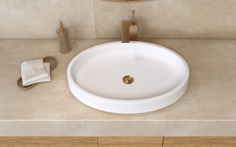White Oval Vessel Sink: Matte Stone Basin, Gold Hardware