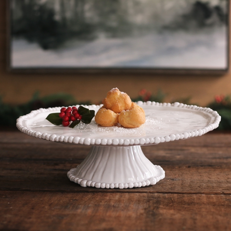 White Pedestal Cake Plate Beaded Rim Fluted Base Holiday Platter