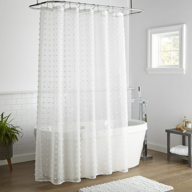 White Pom Pom Shower Curtain, Sheer Woven Textile, Modern Classic Style.