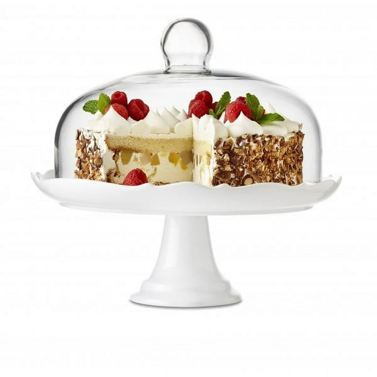 White Porcelain Cake Stand with Glass Cloche and Scalloped Edge