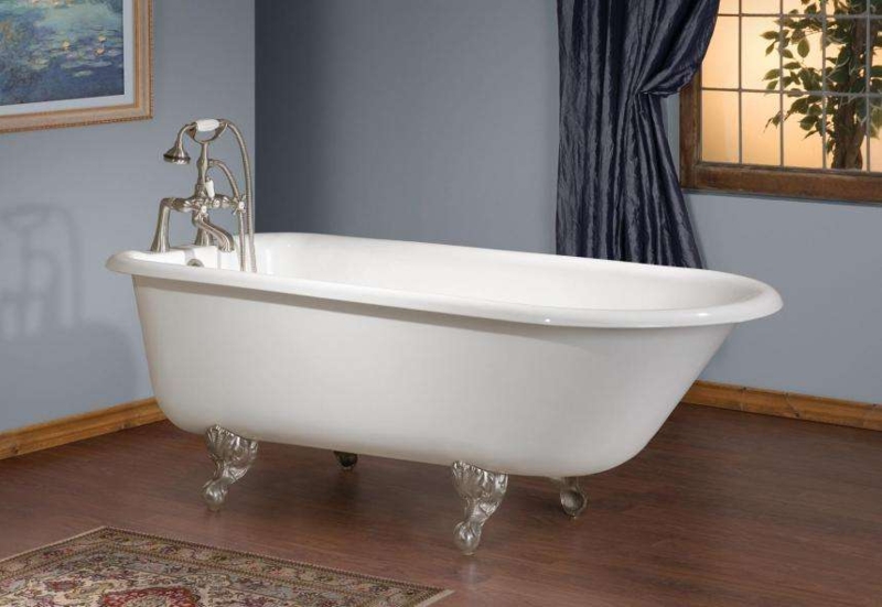 White Roll Rim Clawfoot Bathtub with Ornate Silver Feet & Rim Mount Holes
