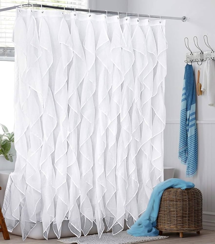 White Ruffle Shower Curtain, Vertical Tiers, Pointed Edges, Farmhouse Chic.