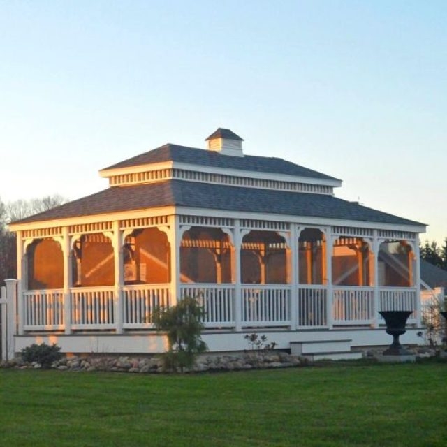 White Screened Gazebo Tiered Roof Arched Brackets Farmhouse