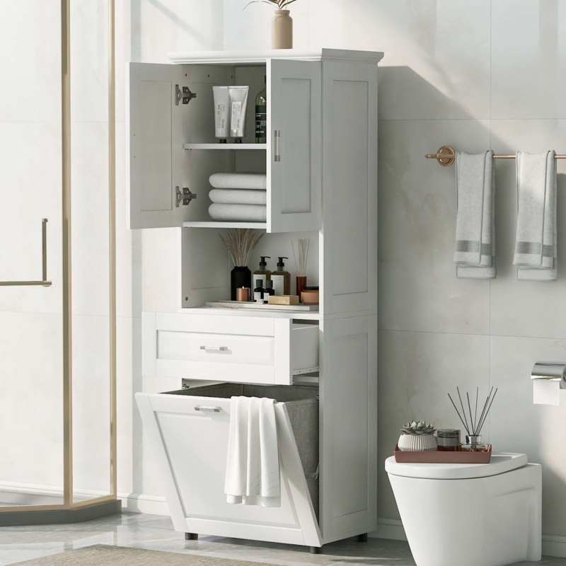 White Shaker Bathroom Linen Cabinet with Tilt-Out Laundry Hamper