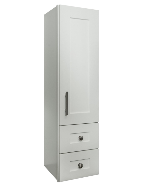 White Shaker Linen Cabinet with Vertical Bar Pull and Two Drawers