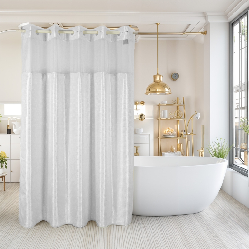 White Sheer Window Shower Curtain, Gold Grommets, Textured Floor Length.