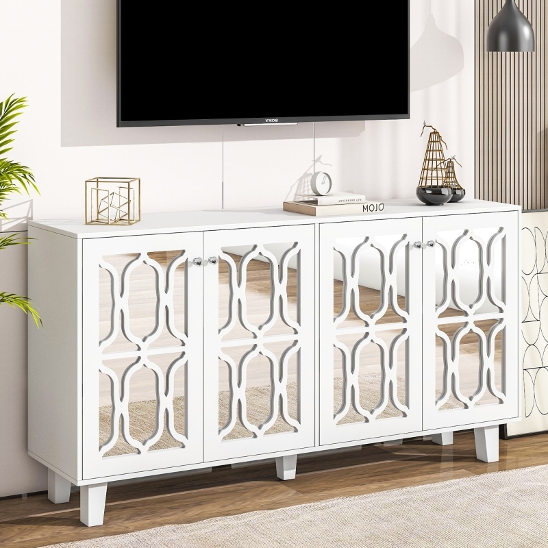 White Side Cabinet with Hollow-Carved Fretwork and Crystal Knobs