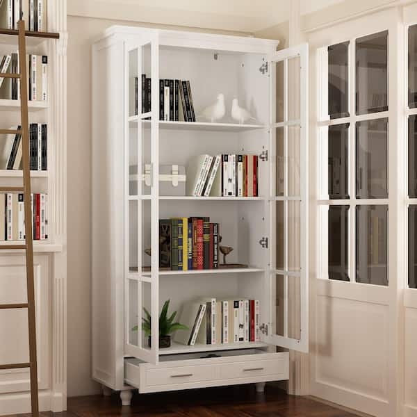 White Standard Bookcase with Mullion Glass Doors and Bottom Drawer