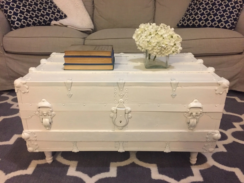 White Steamer Trunk Coffee Table: Monochromatic Hardware & Turned Legs