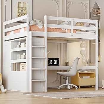 White Study Loft Bed with Built-in Shelving and Swivel Chair