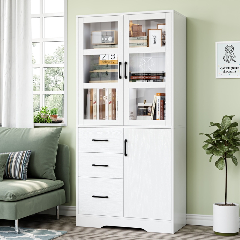 White Tall Bookcase with Grid Glass Doors and Asymmetric Bottom Storage