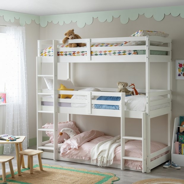 White Triple Bunk Bed, Painted Wood, Three-Tier Scandinavian Design