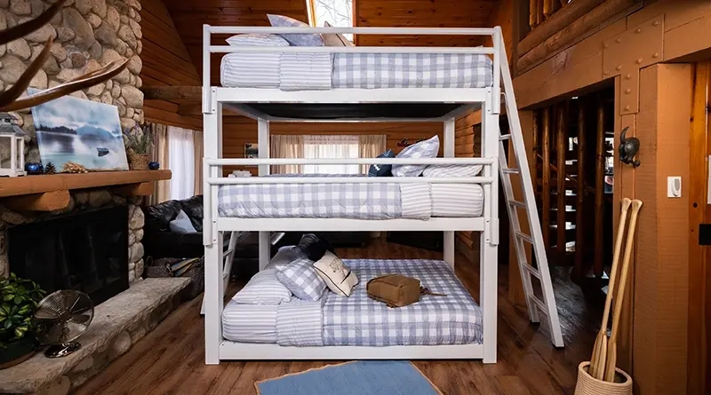 White Triple Bunk Bed Rustic Cabin Style with Extra Wide Frames