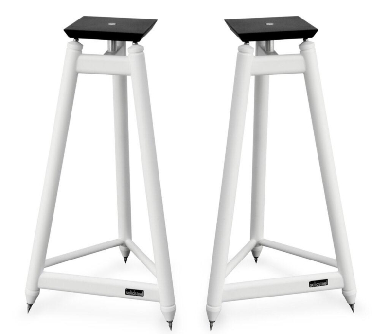 White Tripod Speaker Stands with Tubular Frame and Silver Metallic Accents