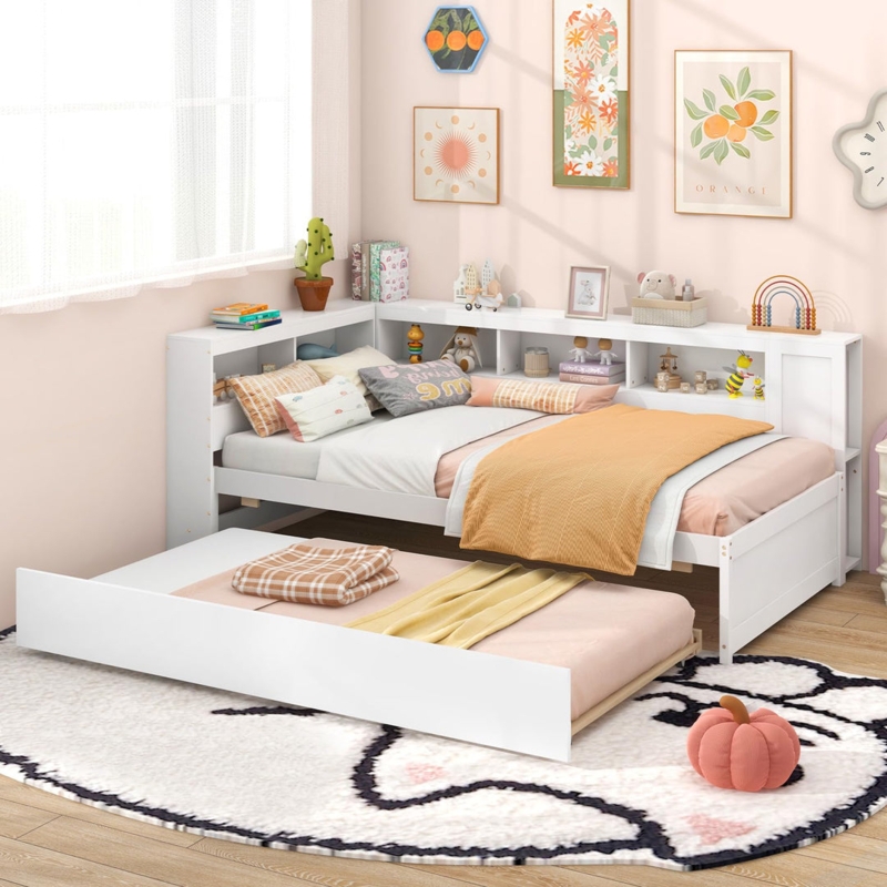 White Trundle Bed, Corner Storage Daybed, L-Shaped Bookcase, Matte Finish