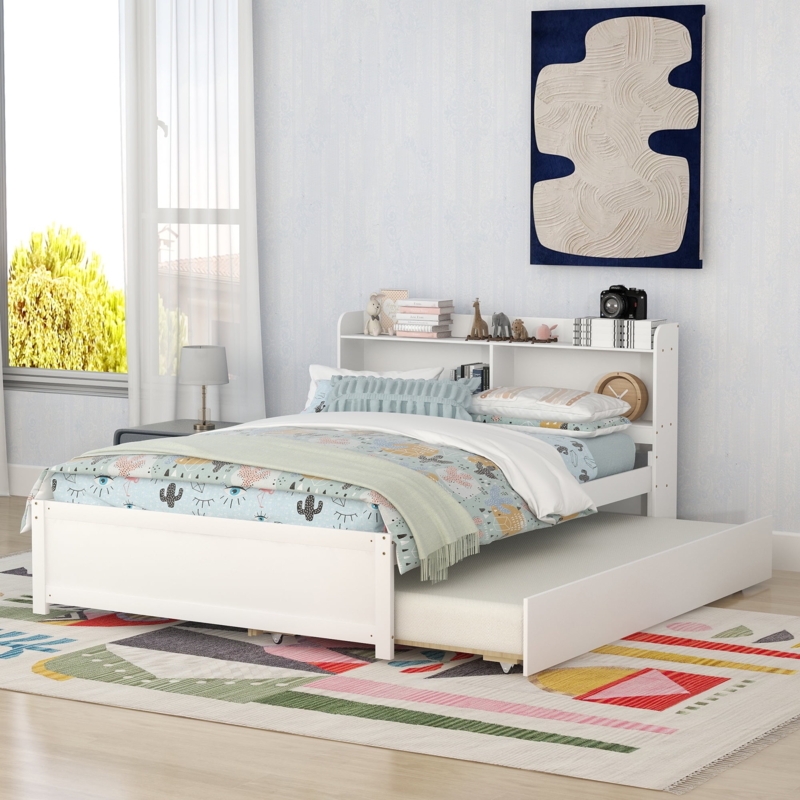 White Trundle Bed Frame, Full Size Platform Base, Bookcase Headboard