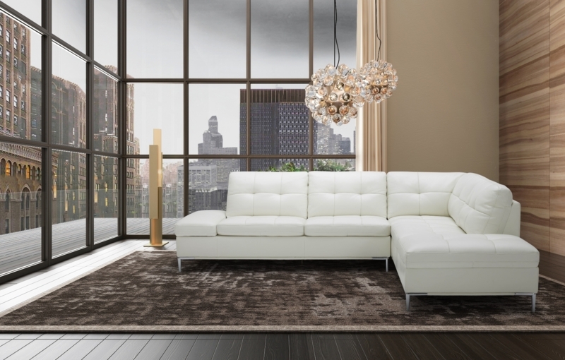 White Tufted Sectional Sofa with Right Facing Chaise and Chrome Legs