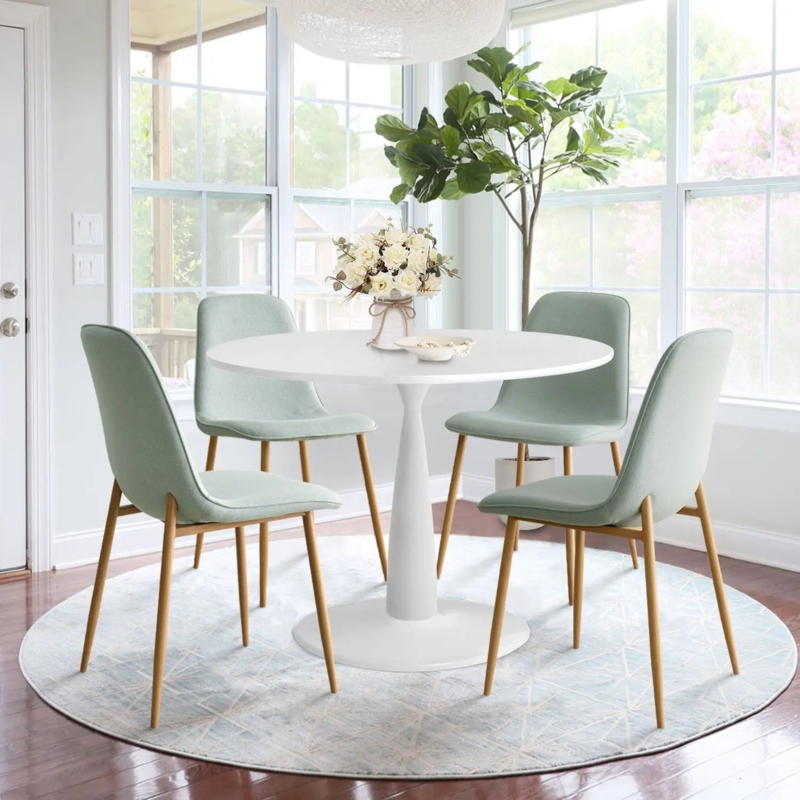 White Tulip Pedestal Table with Sage Green Upholstery Chairs