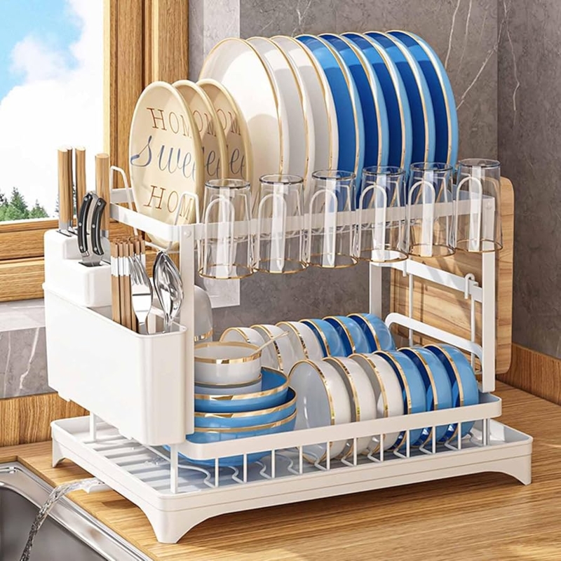 White Two-Tier Dish Rack with Swivel Spout and Cutting Board Holder