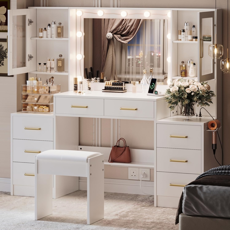 White Vanity Desk Set Hollywood Lights Glass Door Cabinets Hutch Storage