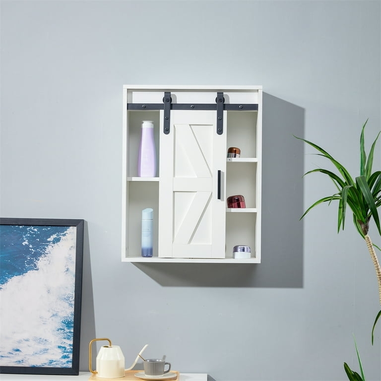 White Wall Cabinet featuring Sliding Barn Door with X-Brace Detail