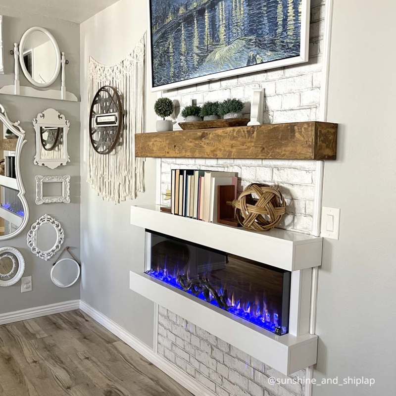White Wall Mount Fireplace Three Sided View Blue Flame Mantel
