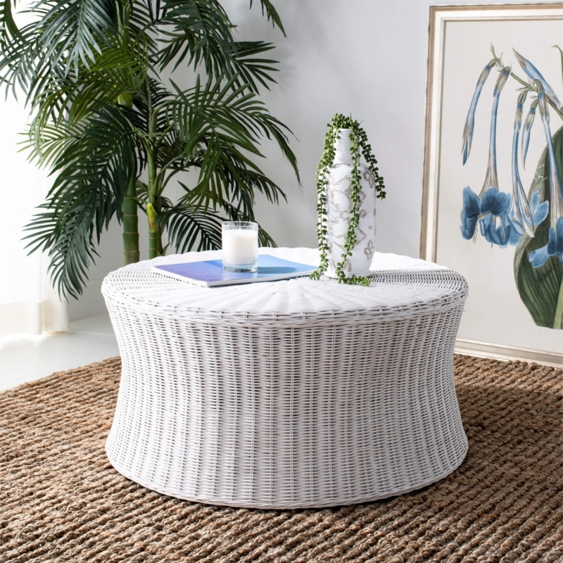 White Wicker Coffee Table Hourglass Shape Radial Top