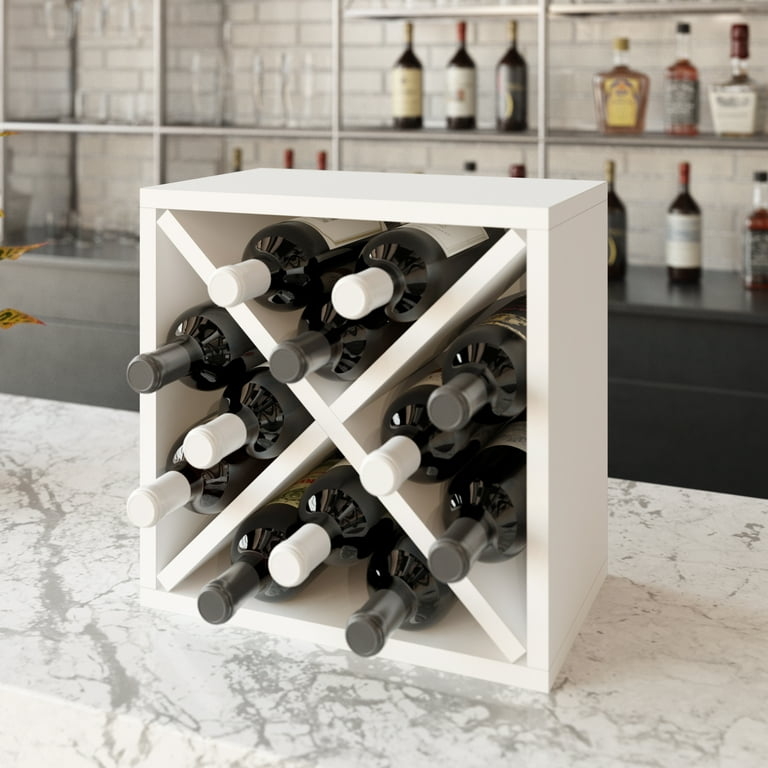 White Wine Rack Cube with X-Divider and Stackable Design.
