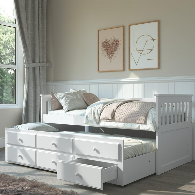 White Wood Daybed Trundle with Slatted Sides and Storage Drawers