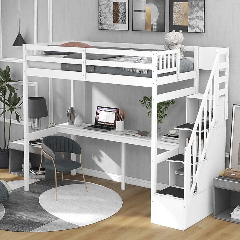 White Wood Twin Loft Bed With Storage Staircase And Full-Length Desk
