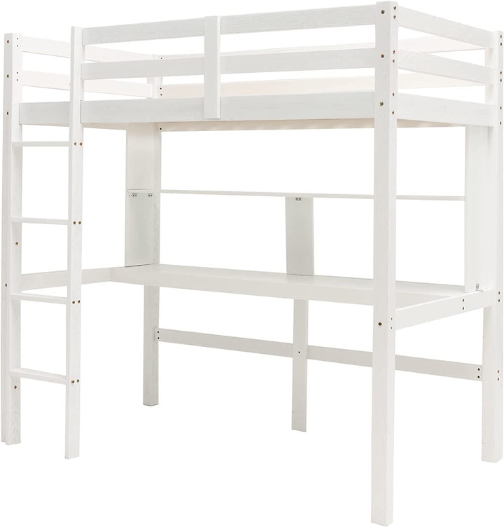 White Wooden Loft Bed Frame With Full-Length Desk And Narrow Bookshelf