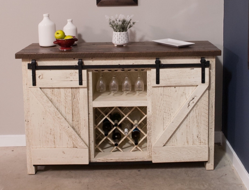 Whitewashed Buffet Cabinet with Diamond Wine Rack and Barn Doors